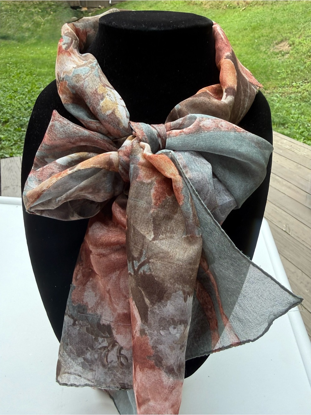 Sheer Floral Wrap Scarf in Rust & Sage Green
